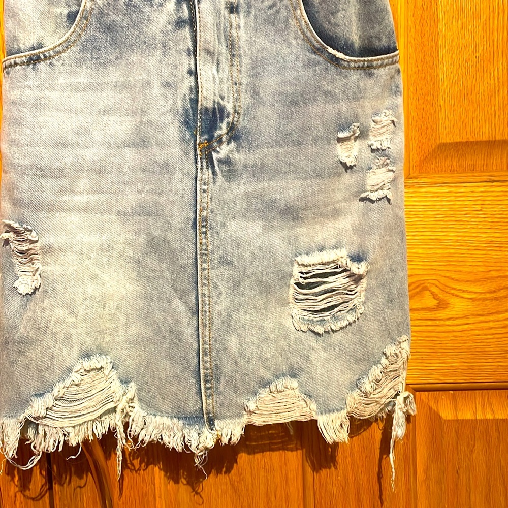 Denim Distressed Skirt Overalls - Picture 4 of 4